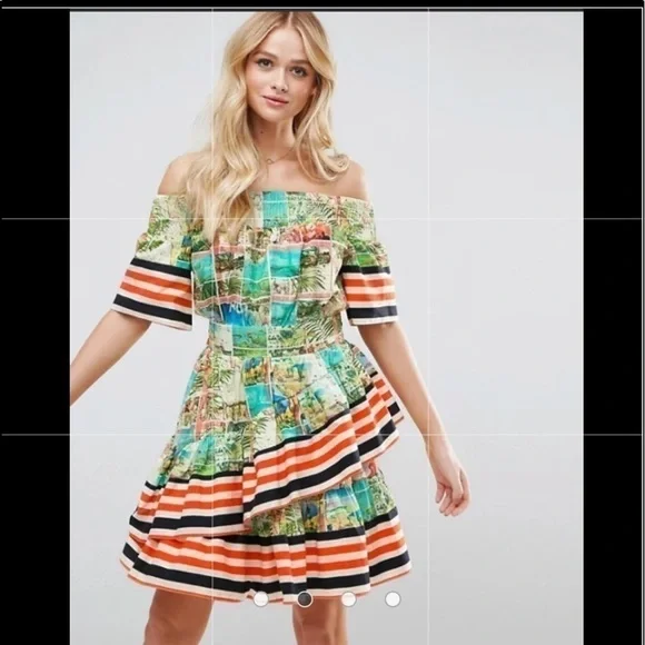 ASOS Off Shoulder Dress In Postcard And Stripe Print - Picture 10 of 16